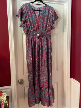 Boho Flutter-Sleeve Paisley Maxi Dress in Teal and Pink